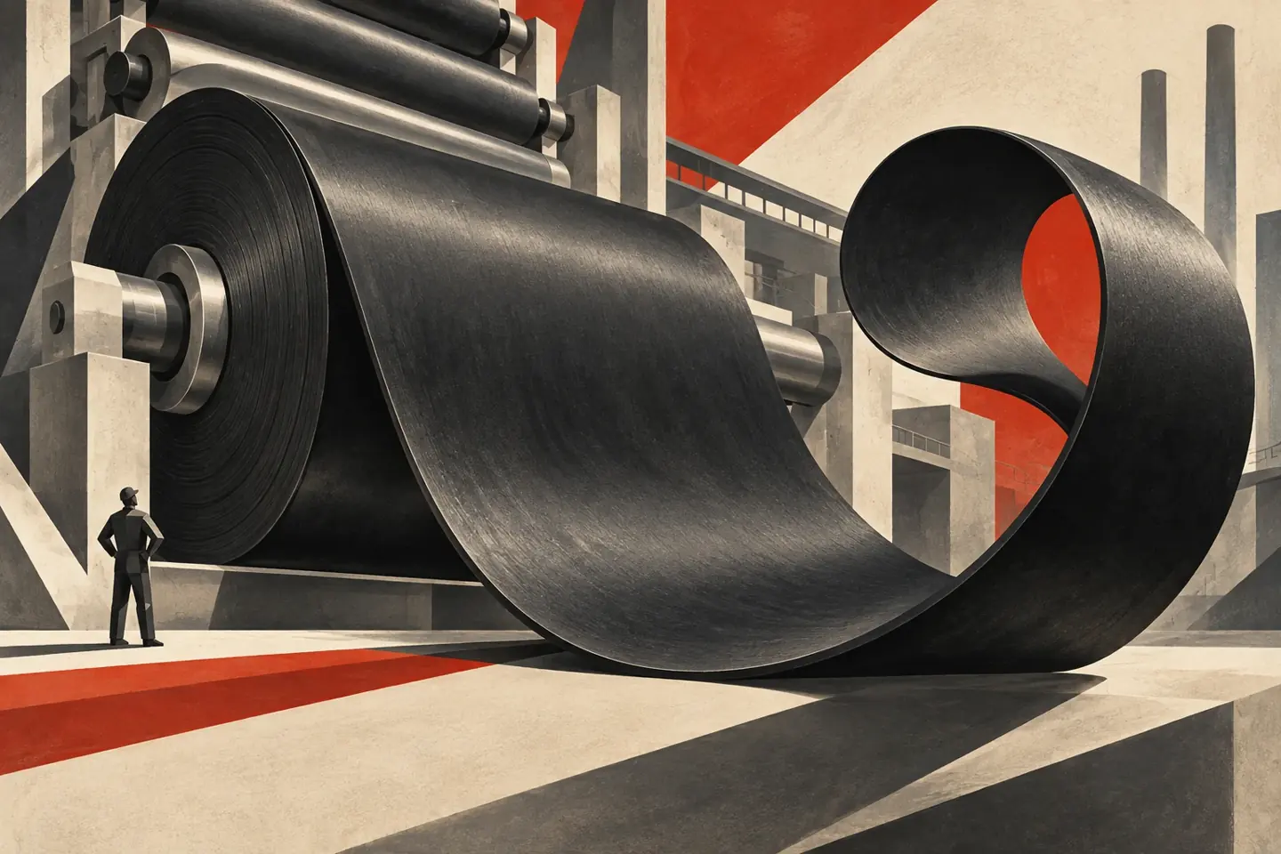 Autorska ilustracja Gumoplast: rolka gumy i geometryczna fabryka
